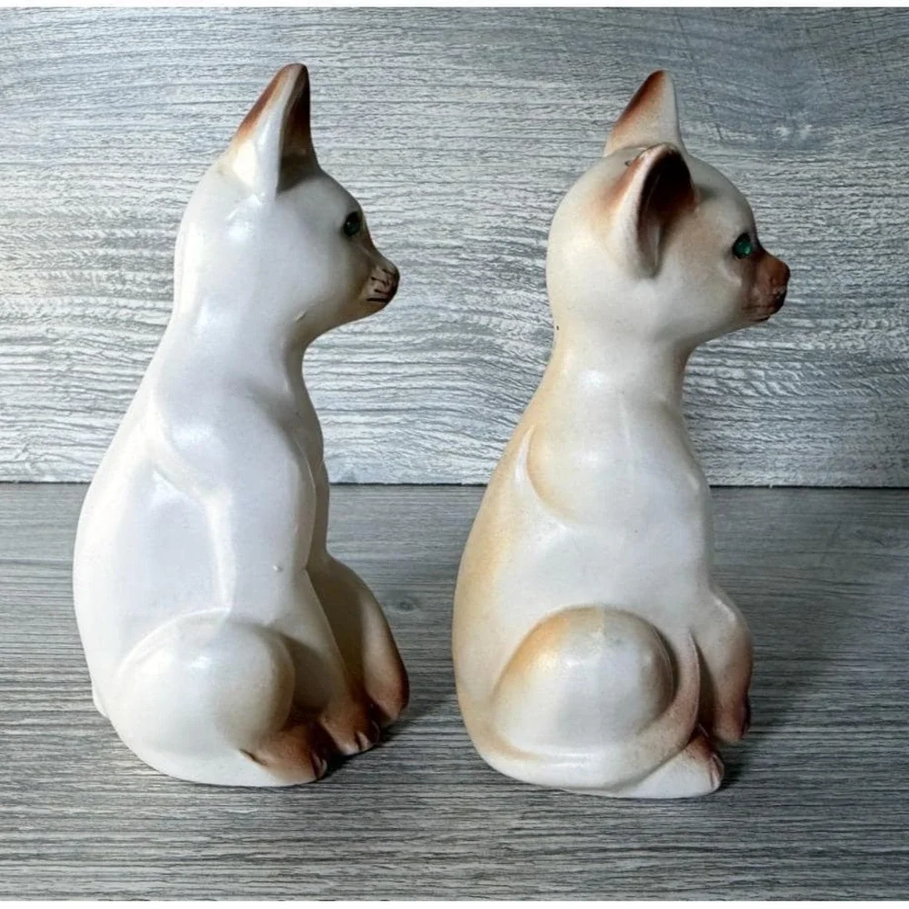 Vtg Salt & Pepper Shakers Siamese Cat Green Rhinestone Eyes W/Stoppers Japan